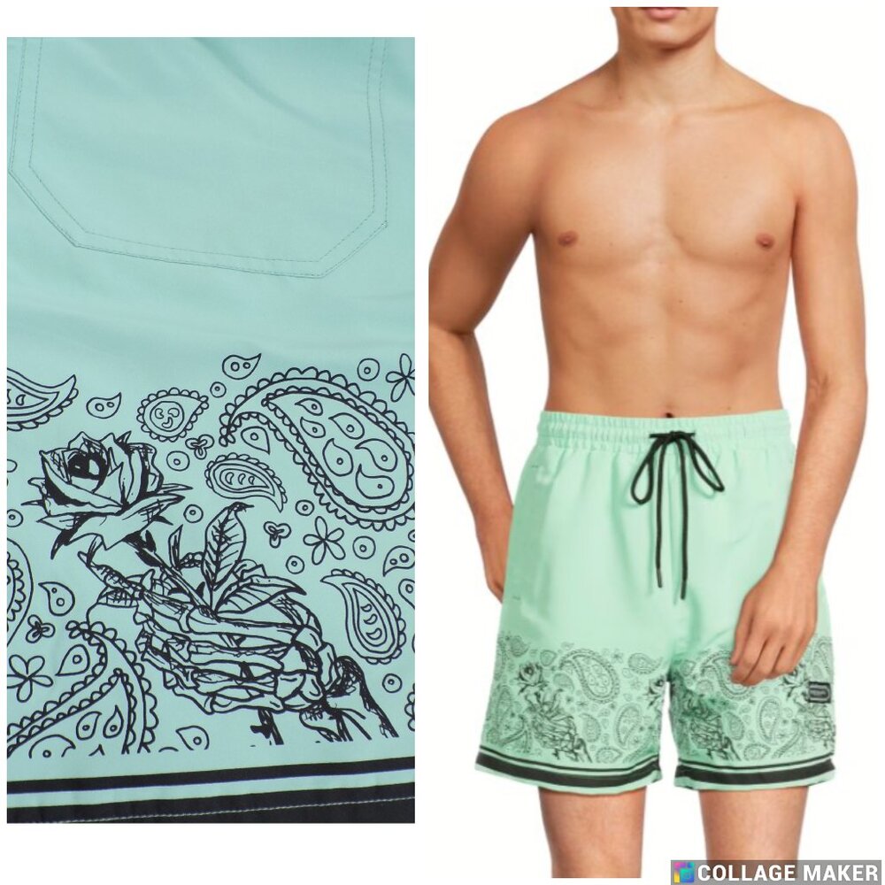 Reason Paisley Skeleton Rose Gift Swim Shorts, Pockets Drawstring Elastic Mesh M
